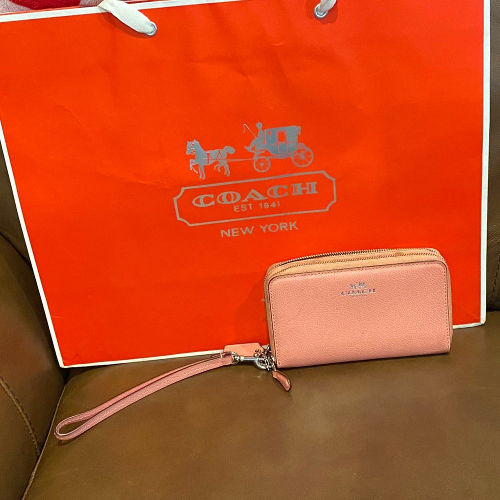 Coach Salmon Pink Double Zip Leather Wallet/Wristlet